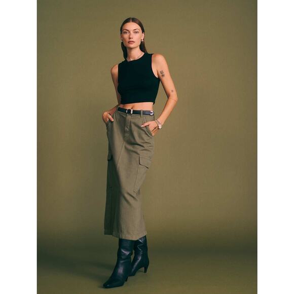 Reformation Army Green 100% Cotton Maggie Cargo Denim Midi Skirt Size 26 - Picture 3 of 8